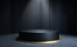 © tai - A black circular podium with a spotlight in a dark room featuring vertical stripes, suitable for product display or presentation.
