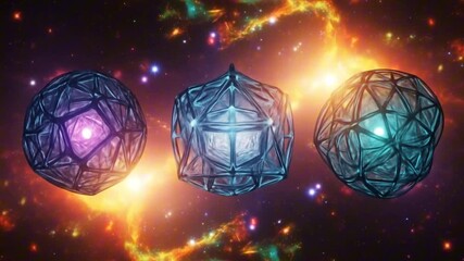 Three interconnected cosmic orbs float amidst a vivid nebula