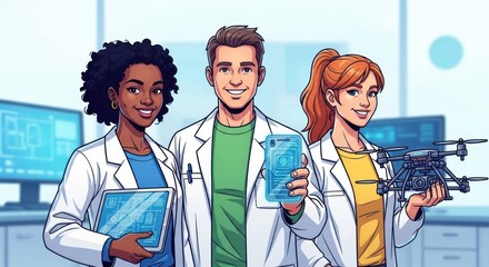 A confident team of diverse engineers showcasing innovative technology, including a drone and a transparent device in a modern lab