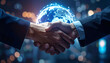 © ezra - Global Partnership handshake: A symbolic handshake between two professionals is set against a backdrop of a glowing globe, representing global business, and the dawn of a new era.