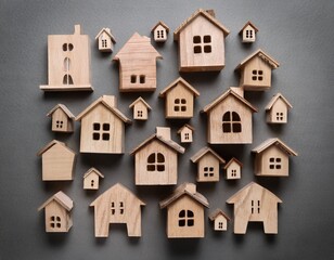 Many wooden decorations in shape of house pattern on gray background. Generated image