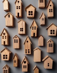 Many wooden decorations in shape of house pattern on gray background. Generated image