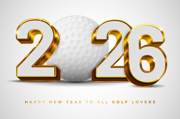 Wall Mural - 3d golden shiny inscription 2026 with textured filling and golf ball