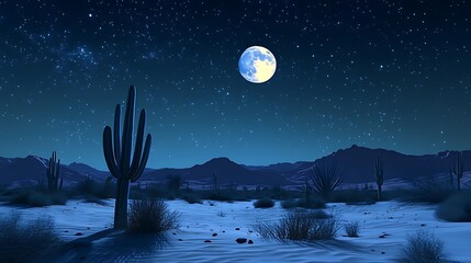 Wall Mural - Blue desert scene with cactus and full glowing moon high resolution picture