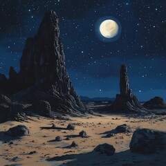 Wall Mural - Enchanting golden moon rising behind forest trees and sparkling night high resolution picture