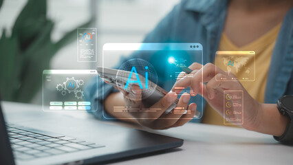 Futuristic artificial intelligence technology concept showing AI interface on smartphone and laptop. Modern digital innovation for business, data analysis, and technology development.