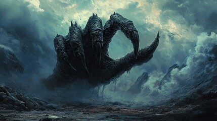 Wall Mural - a menacing, dark, monstrous hand with sharp claws and long fingers emerging from a dark, stormy land