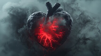 Wall Mural - a dark, ominous heart with red, glowing tendrils emerging from its center, set against a dark, smoky