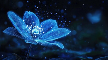 Wall Mural - a glowing blue flower with sparkling particles in the background.