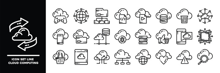 Line Icon Set Illustrating Various Cloud Computing Applications and Concepts.