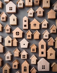 Many wooden decorations in shape of house pattern on gray background. Generated image