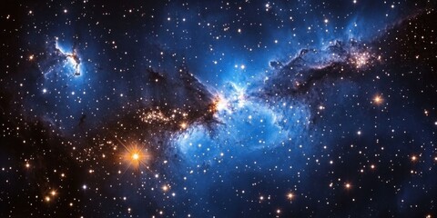Wall Mural - A vast expanse of cosmic nebulae displays vibrant blues and oranges, scattered with numerous stars.