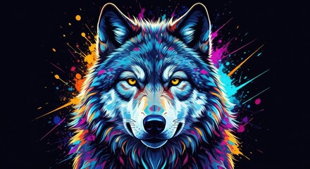 Naklejka na meble A majestic wolf portrait, glowing neon colors, abstract paint splash effect, vibrant color explosion, cyberpunk palette (blue, pink, orange, purple, cyan)