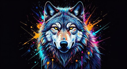 Naklejka na meble A majestic wolf portrait, glowing neon colors, abstract paint splash effect, vibrant color explosion, cyberpunk palette (blue, pink, orange, purple, cyan)