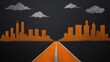 © Reza - A highway stretches through a cityscape drawn in orange chalk on a dark background
