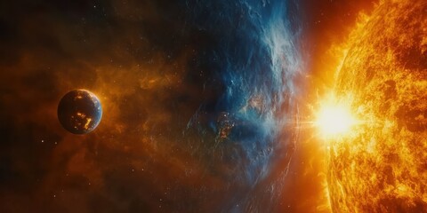 Wall Mural - A vibrant celestial spectacle, featuring a planet positioned against a blazing sun, showcasing a dramatic interplay of colors and textures in deep space.