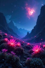 Wall Mural - Vast field of luminous, bioluminescent alien plants thriving under a nebula, extraterrestrial flora, glowing vegetation , bioluminescent plants, night sky