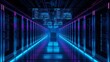 © Future Vision - Stretching central aisle glowing with LED strips and code panels in data center, with server racks
