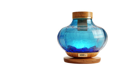 A blue glass diffuser with wooden base
