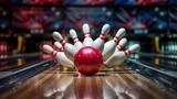Dynamic action shot of a red bowling ball striking ten pins on a polished wooden lane in a colorful bowling alley
