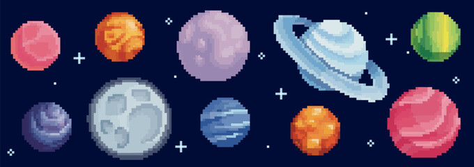Wall Mural - Colorful pixel planet set with space elements - moon and gas giants, ringed worlds and terrestrial spheres on dark blue cosmos background. 8 bit celestial bodies for retro game or sci fi artwork.