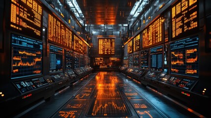 High Energy stock trading floor with digital screen.
