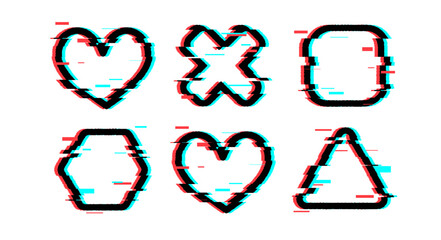 Wall Mural - glitch frame bug shapes with red and cyan distortion for digital interfaces - heart and cross, squar