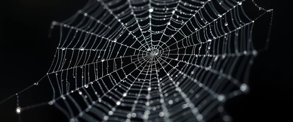 Intricate cobweb glistening with dew, stark against deep black,  autumn,  texture