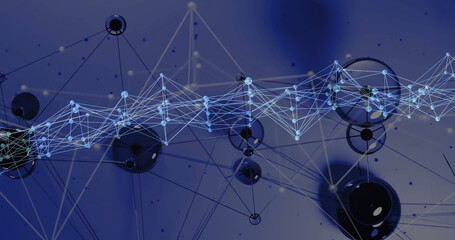 Wall Mural - Animating abstract network waving in virtual space, with light-blue nodes, edges, rings and disks