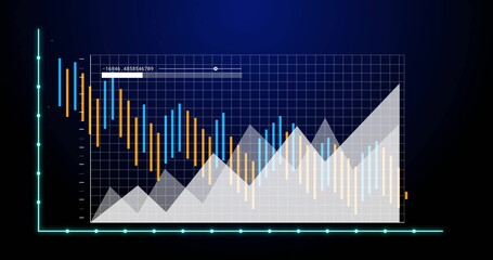 Wall Mural - Displaying data chart showing overlays and orange blue bars on digital dashboard, with cyan axes