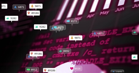 Wall Mural - Displaying code streaming on virtual dashboard with floating social media notification bubble icons