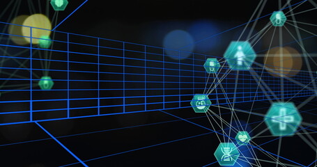 Wall Mural - Displaying neon-blue wireframe grid, teal hex icons, network lines and blurred flares in cyberspace