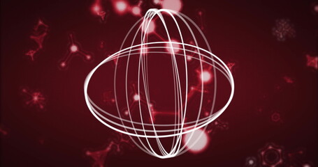 Wall Mural - Glowing sphere with intersecting white rings against red gradient, with orbs, network patterns