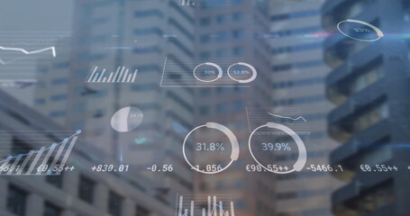 Wall Mural - Displaying financial overlays hovering over urban skyline, with line and bar graphs and pie charts