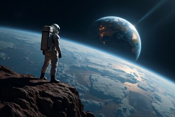 Wall Mural - Spaceman Looking at Earth From Space Thinking About Future