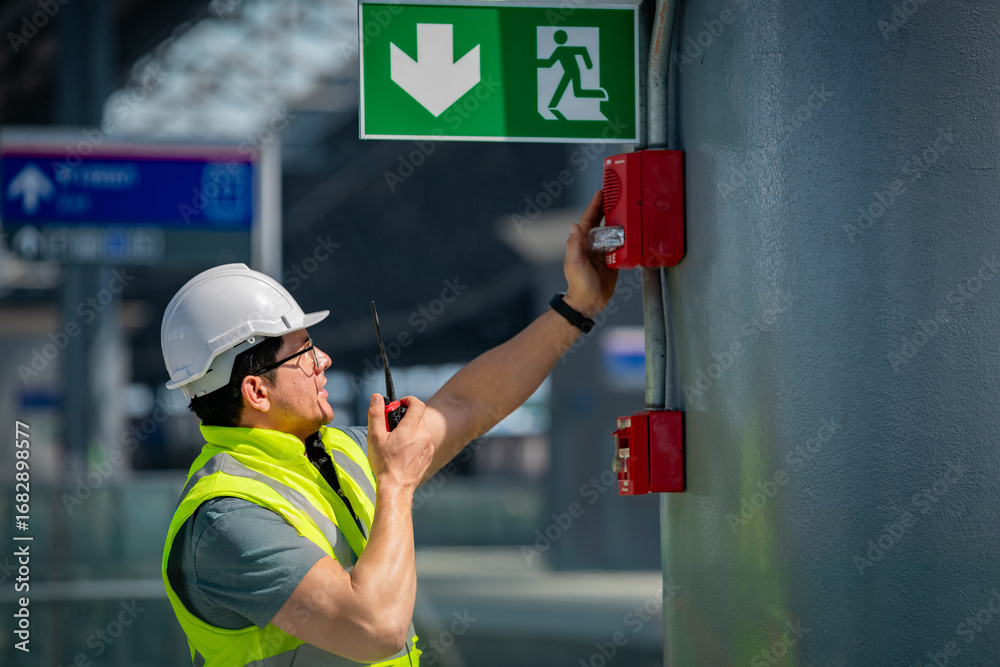 Safety engineer checking fire alarm system public building using a ...