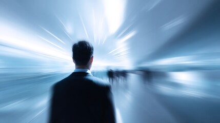 Wall Mural - A person stands in a blurry environment, symbolizing uncertainty and exploration. The image captures a dynamic setting with a futuristic feel. Ideal for concepts related to movement and change. AI