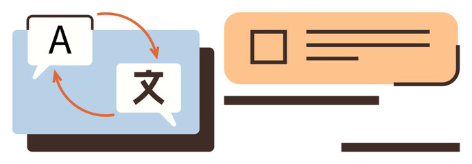 Speech bubbles with language symbols connected by arrows, alongside a text block. Ideal for language learning, translation, communication, globalization, software, UI design education. Simple flat