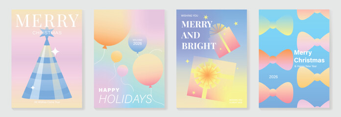 Wall Mural - Christmas and Happy Holidays poster vector set. Modern new year card template with christmas tree, balloon, gift, ribbon on vibrant gradient background. Design for cover, website, promotion, ads.