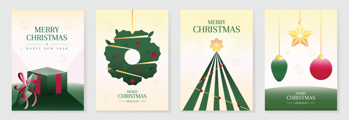 Wall Mural - Christmas and Happy Holidays poster vector set. Modern new year card template with christmas tree, bauble, gift, wreath on gold gradient background. Design for cover, website, promotion, ads.