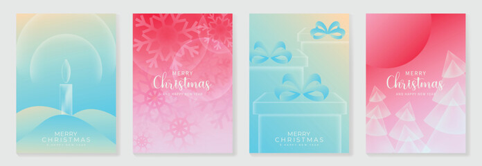 Wall Mural - Christmas and Happy Holidays poster vector set. Modern new year card template with christmas tree, snowflake, gift, candle on blue pink gradient background. Design for cover, website, promotion, ads.