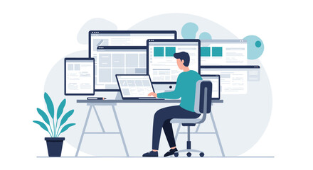 Modern flat design of workspace with multiple screens and developer at desk