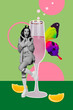 © deagreez - 3D collage artwork composite sketch poster of holiday friday drink beverage celebrate young lady excited smile butterfly cocktail glass