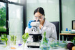 © laddawan - Scientist testing food samples in lab with microscope, vegetables, and meat for safety, nutrition, and biotechnology