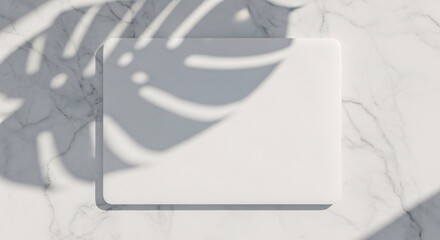 White square object on marble with monstera leaf shadow