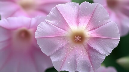 Wall Mural - Delicate Pink Morning Glory Flower in Soft Focus with Dew, Capturing Nature s Fresh Beauty