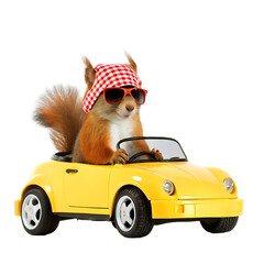  A squirrel with sunglasses and a red and white checkered hat driving a yellow toy car on black background