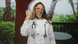 © Krakenimages.com - Woman doctor in white coat raises fist and smiles broadly with stethoscope on a sunlit patio surrounded by palm trees and bistro table; professional triumph.