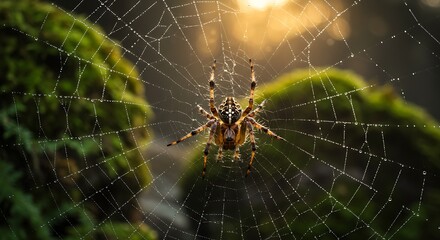 Spider on Dew-Covered Web in Nature