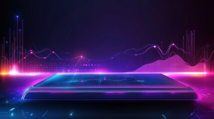 Wall Mural - Abstract digital art with glowing platform & data streams in vibrant purple, pink, and blue